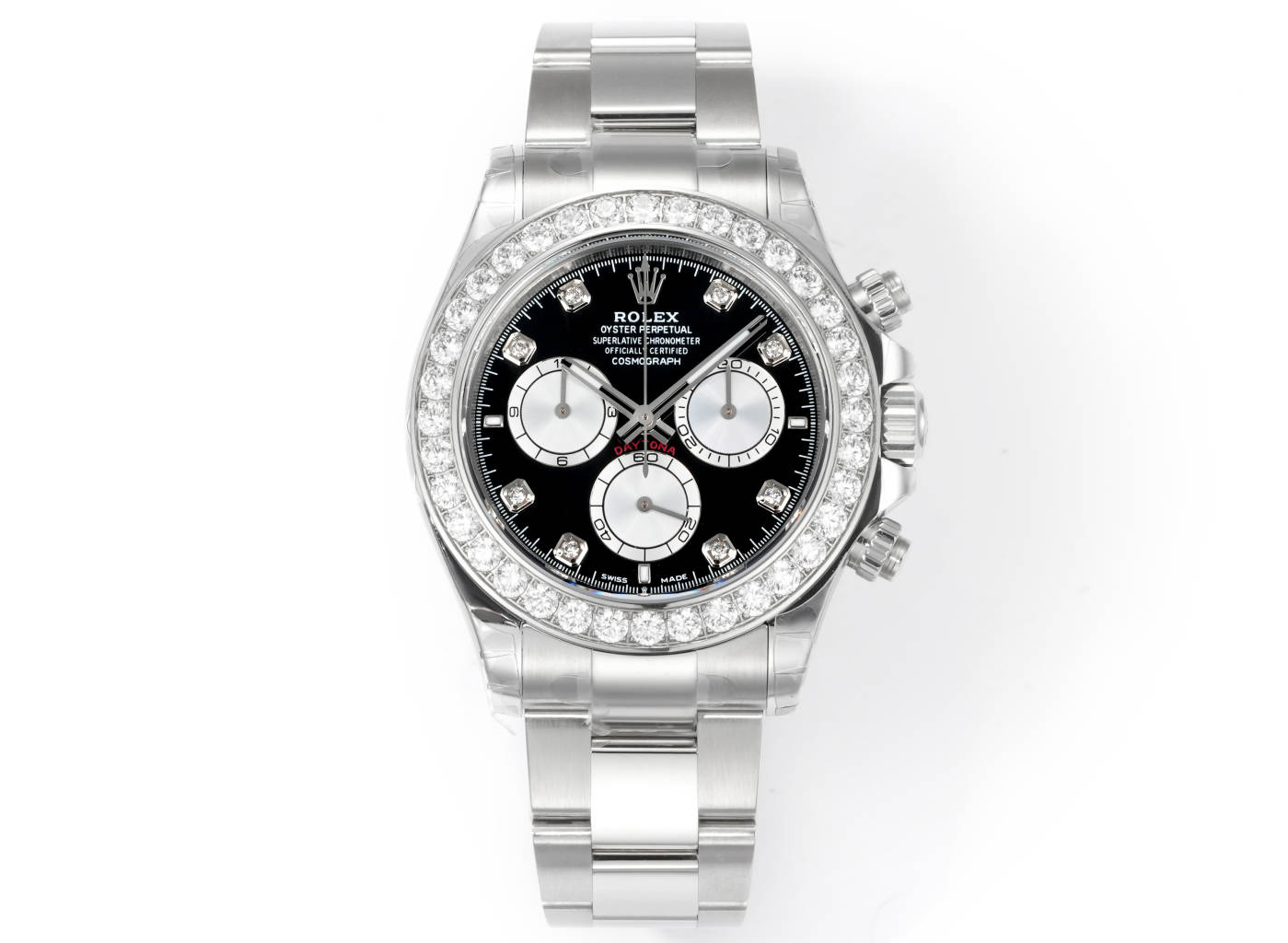 Rolex Daytona 4131 replica front view with black dial and diamond bezel