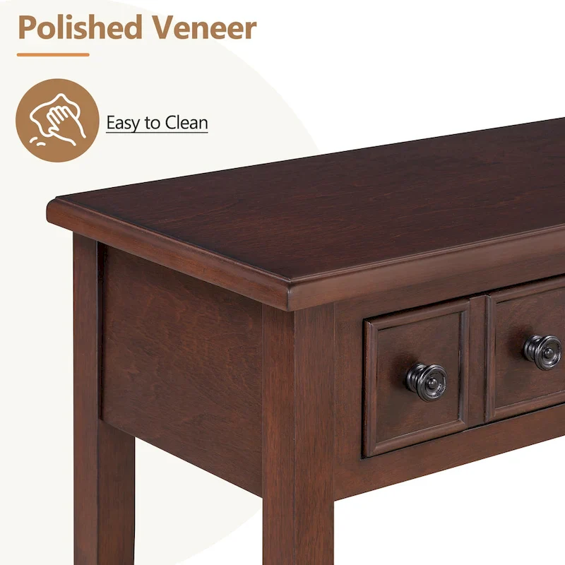 38.2 Rustic Console Table with Open Shelf and Three Drawers, Rubber Wood Legs