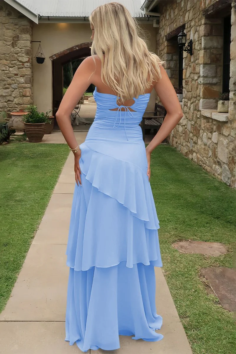 Blue - Sheath Strapless Chiffon Long Prom Dresses With Ruffles