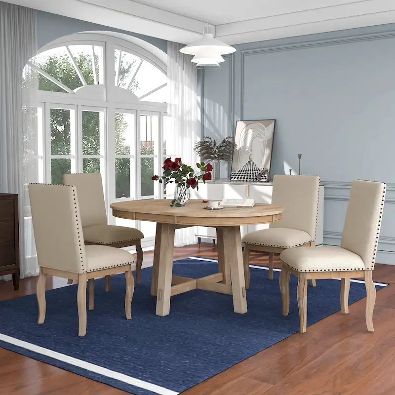 5-Piece Wooden Dining Table Set with Extendable Round Table & 4 Chairs
