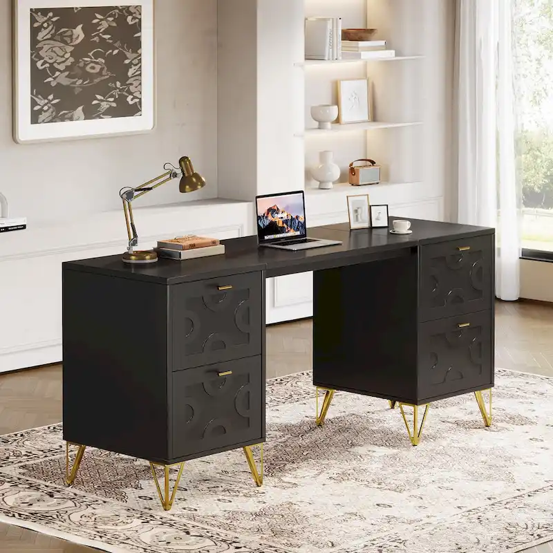 White Computer Desk with File Drawers, 59 Modern Home Office Desk