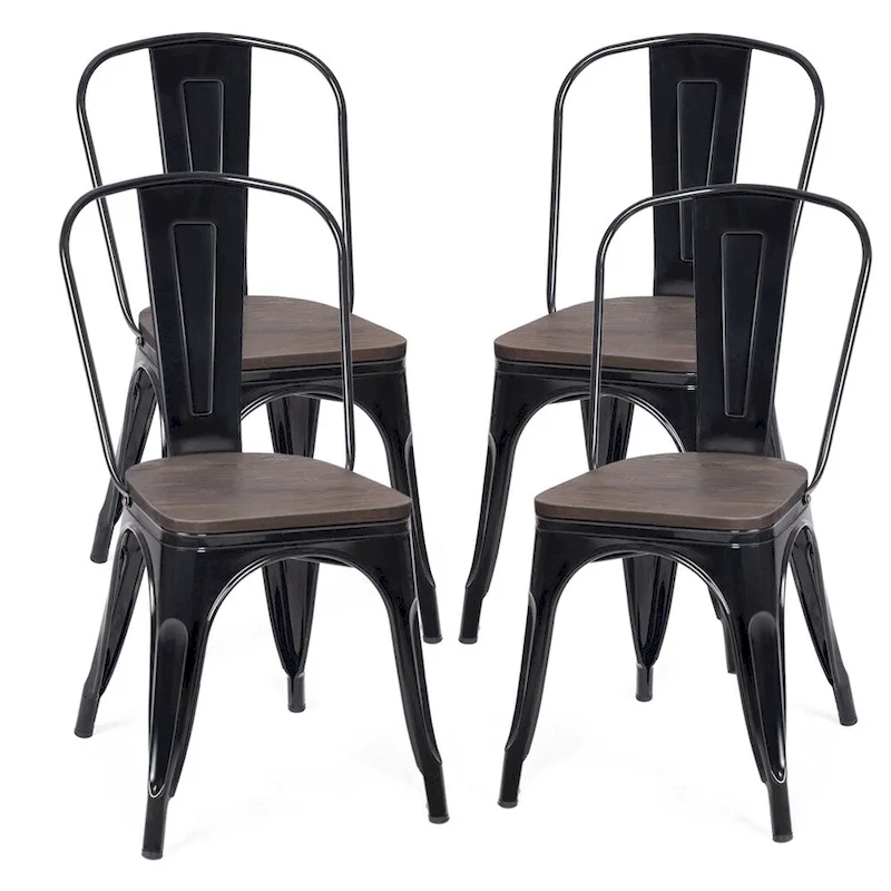 Stackable Bistro Cafe Dining Chair with Metal Frame and Wood Seat