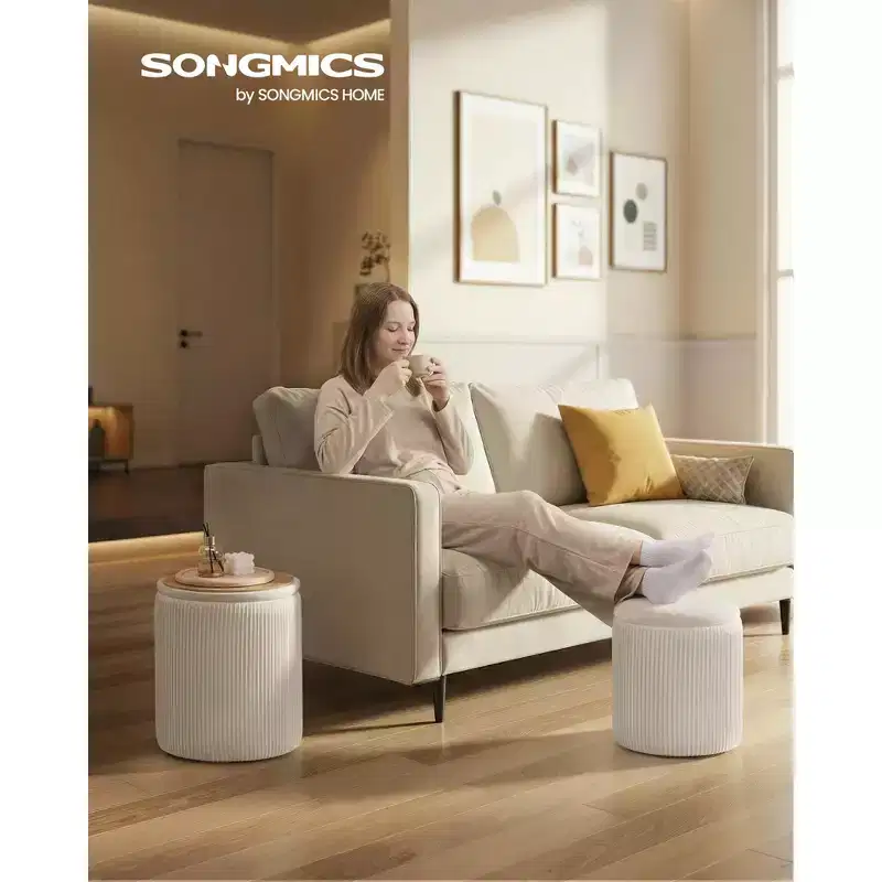 SONGMICS Vanity Stool, Set of 2, Round Storage Ottoman, Small Ottoman Coffee Table, Foot Stool, Removable Lid, Easy Assembly, Velvet, Cream White