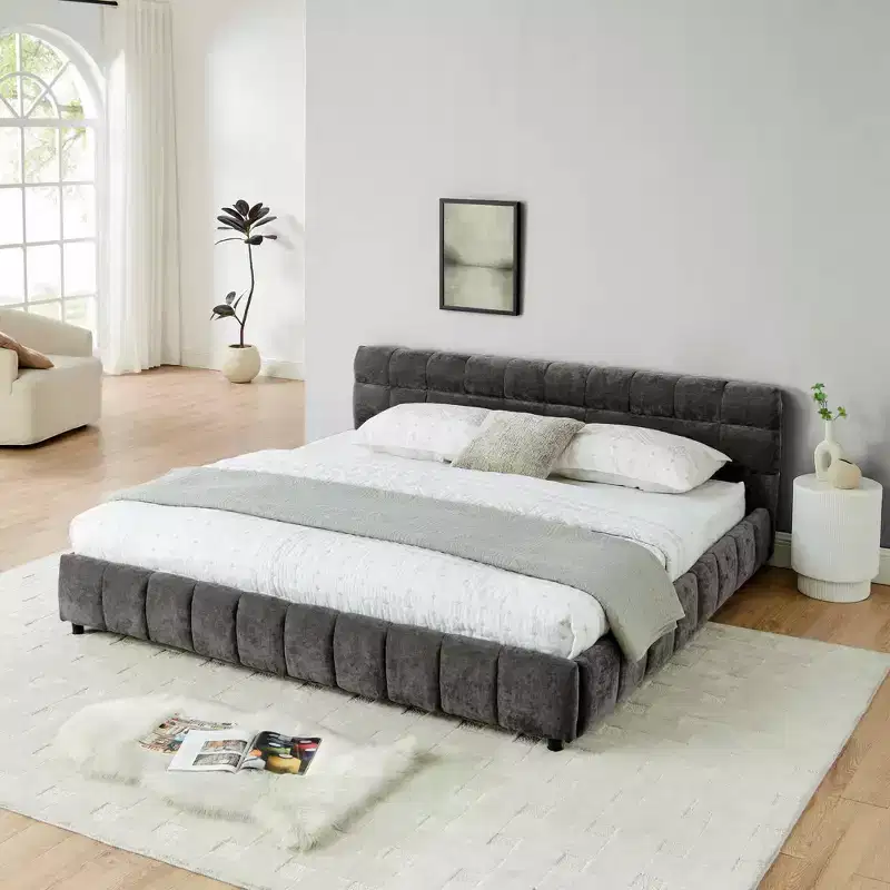 MAYEERTY King Size Upholstered Bed with Headboard Solid Bed Frame Drawer for Bedroom Dark Gray