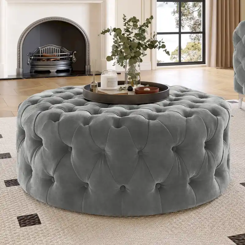 Chesterfield Round Tufted Velvet Ottoman with Casters