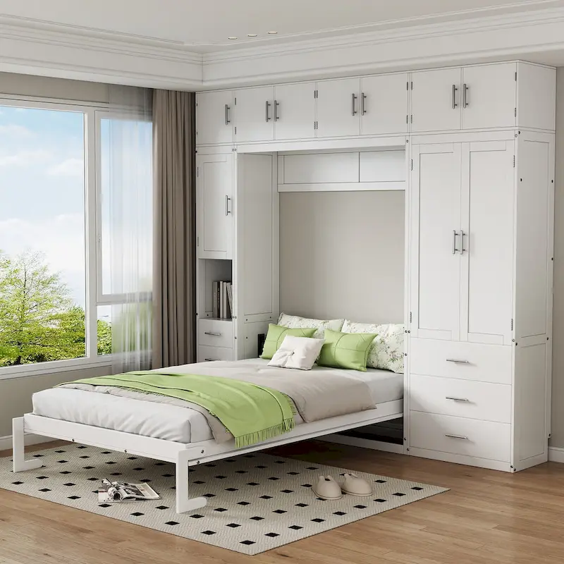 White Full Size Modern Murphy Bed with Drawers, Lockers, and Wardrobes