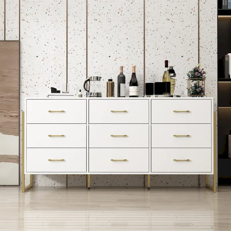 Elegant 9-Drawer Dresser with Gold Accents - Black Stripe Finish Chest