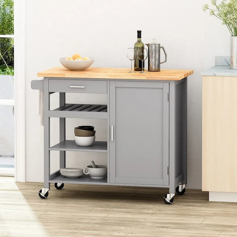 Modern Wooden Kitchen Cart with Wheels Drawer and Cabinet by Christopher Knight Home
