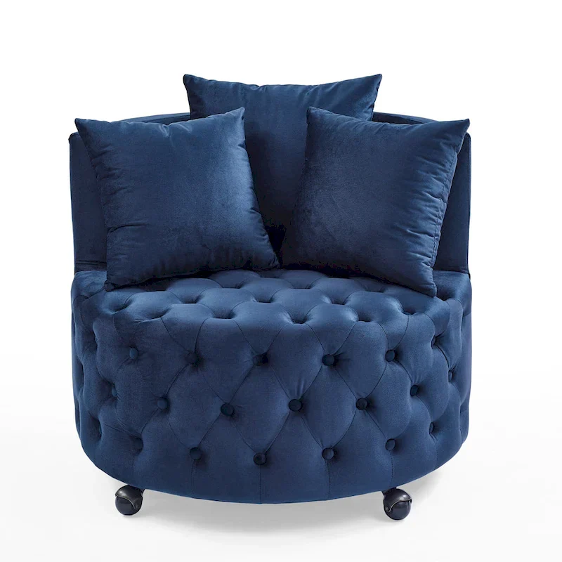 Living Room Velvet Swivel Chair with Button Tufted Design, 3 Pillows & Movable Wheels