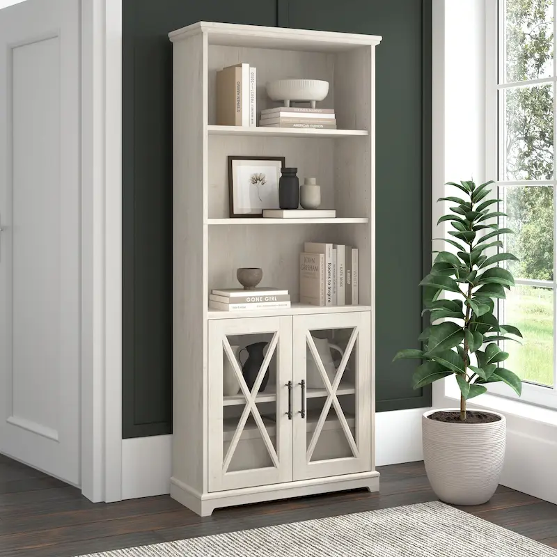 Farmhouse 5-Shelf Bookcase with Glass Doors