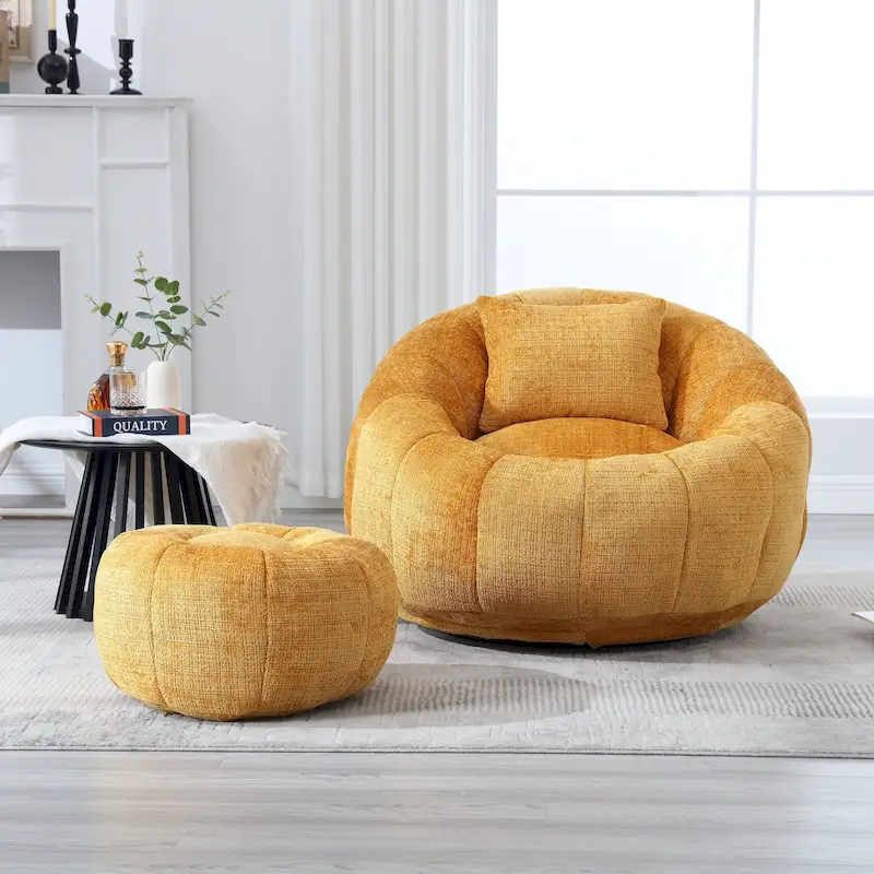 HOMEFUN Chenille Upholstered Round Lazy Cozy Bean Bag Chair with Ottoman and a Pillow