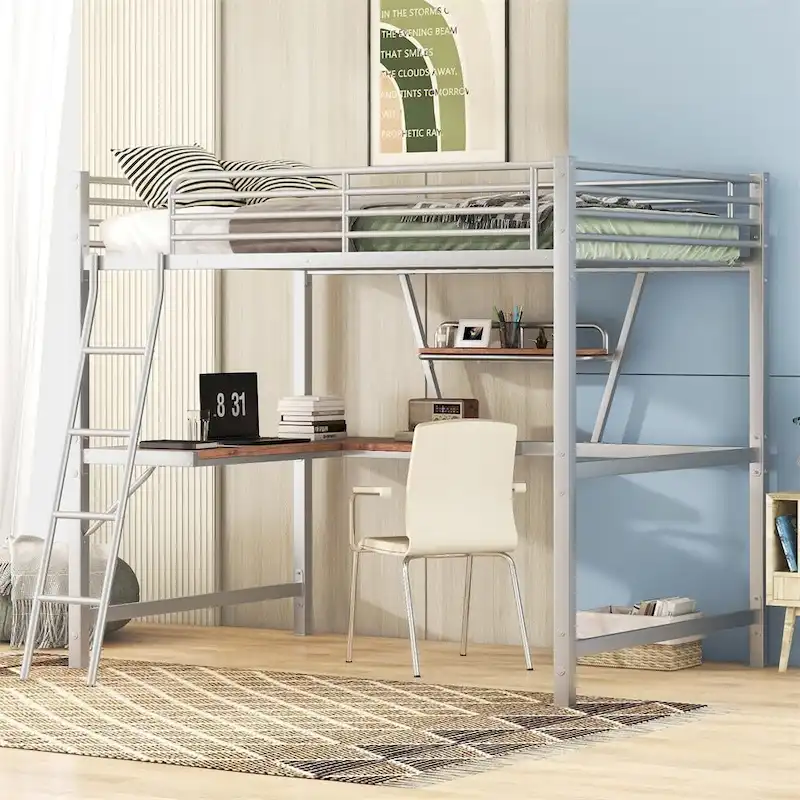 Merax Metal Loft Bed with L-shaped Desk and Shelf