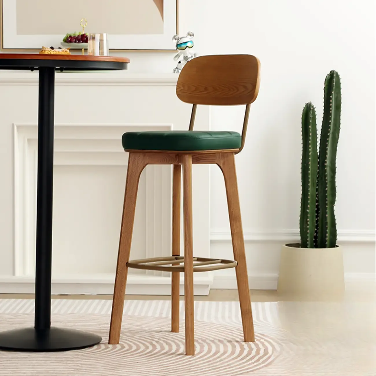 Wooden Square Leather Upholstered Bar Stool with Backrest