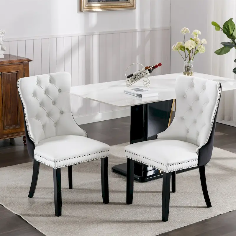 High Back Dining Chairs Set of 2, Upholstered PU Leather Kitchen Chairs Side Chair with Rear Handle Wood Legs