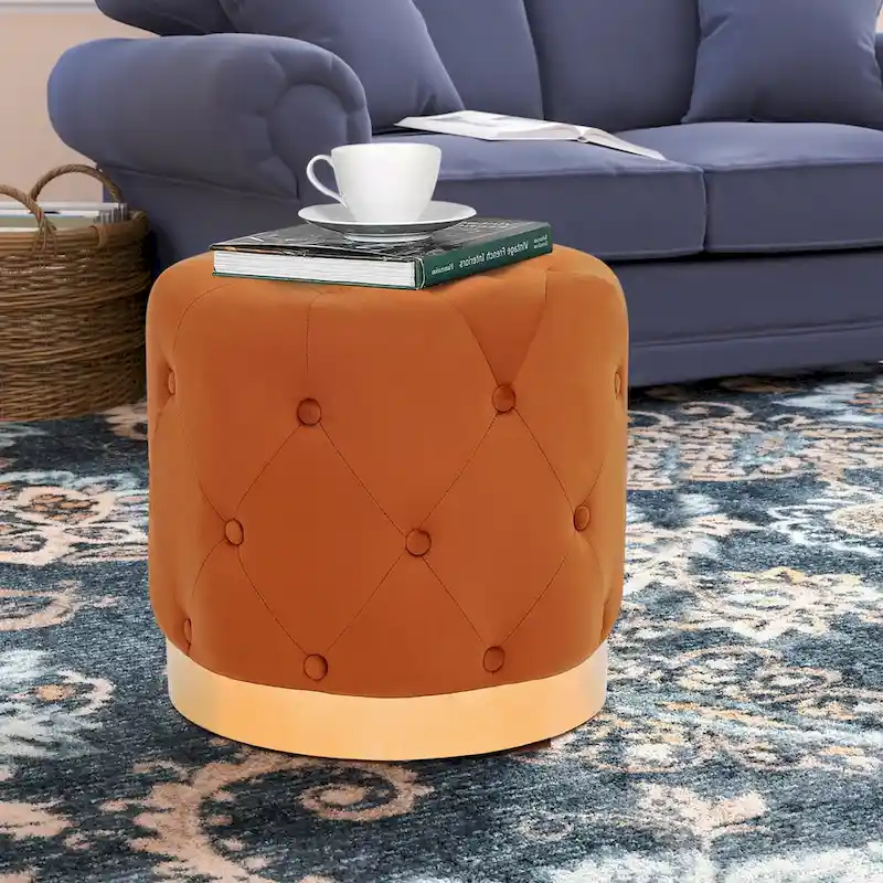Adeco Round Velvet Ottoman Vanity Footrest Stool Gold Plating Base