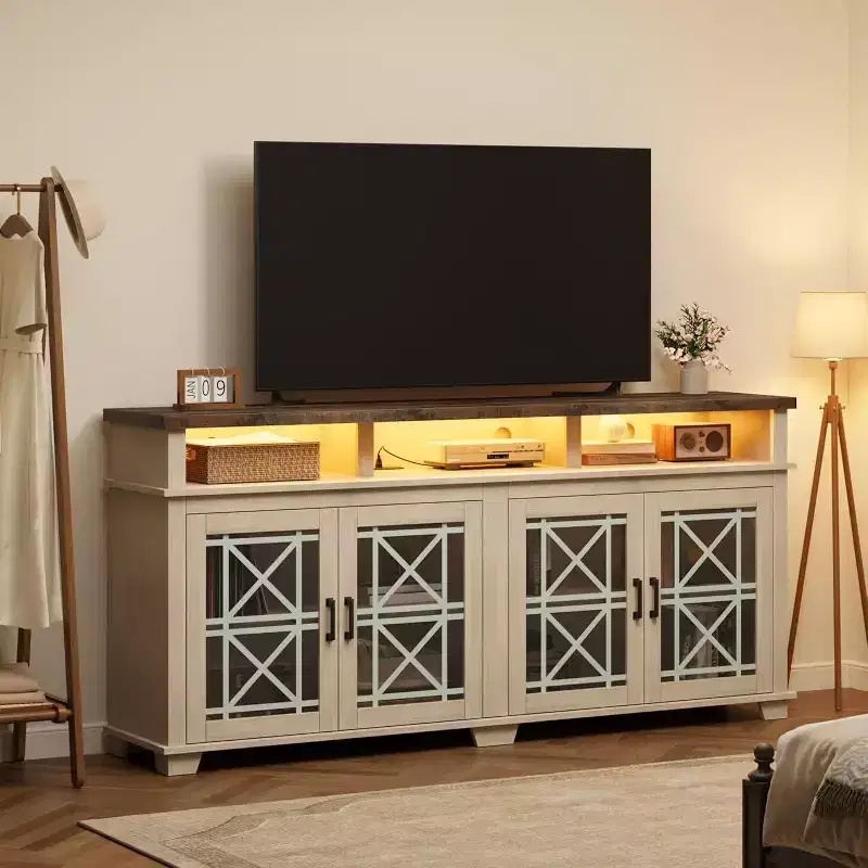 Acekool Farmhouse TV Stand for 70 Inch TV, Modern Entertainment Center with Glass Doors and Storage, Media Console Cabinet for Living Room, White