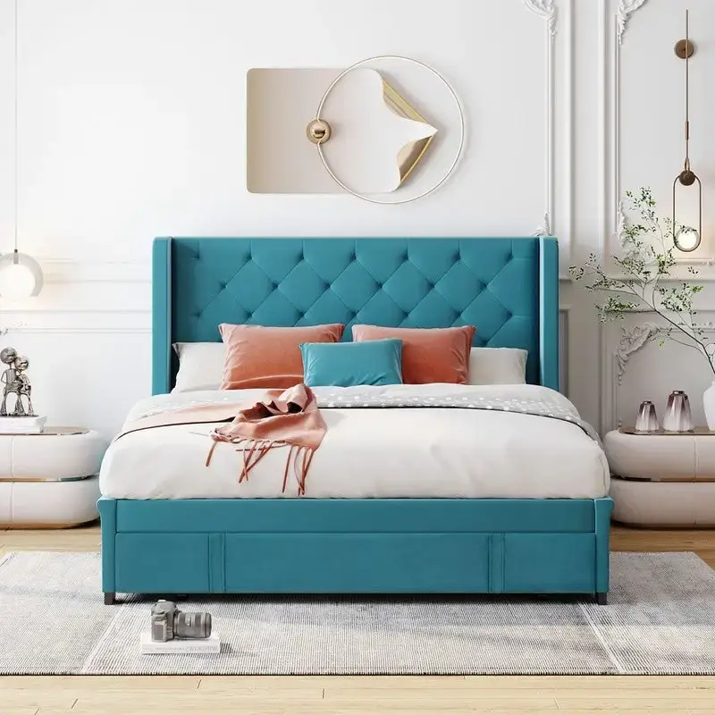 Velvet Wingback Platform Bed with Storage Drawer – Blue / Beige / Grey / Pink, Queen, Sleeps 2