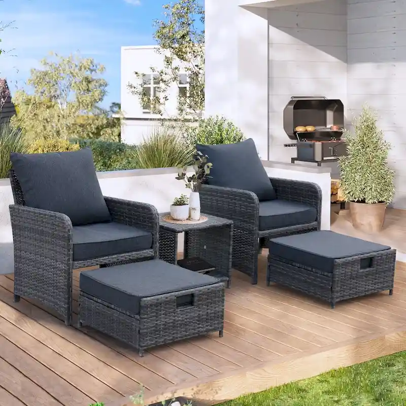 5-Piece Wicker Patio Chair Set with Ottomans and Coffe Table