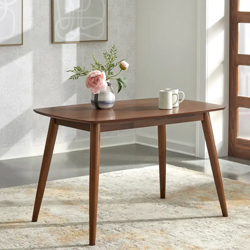 Walnut Mid-Century Modern Dining Table with Angled Rubberwood Legs and MDF Veneer Top – 4-Person