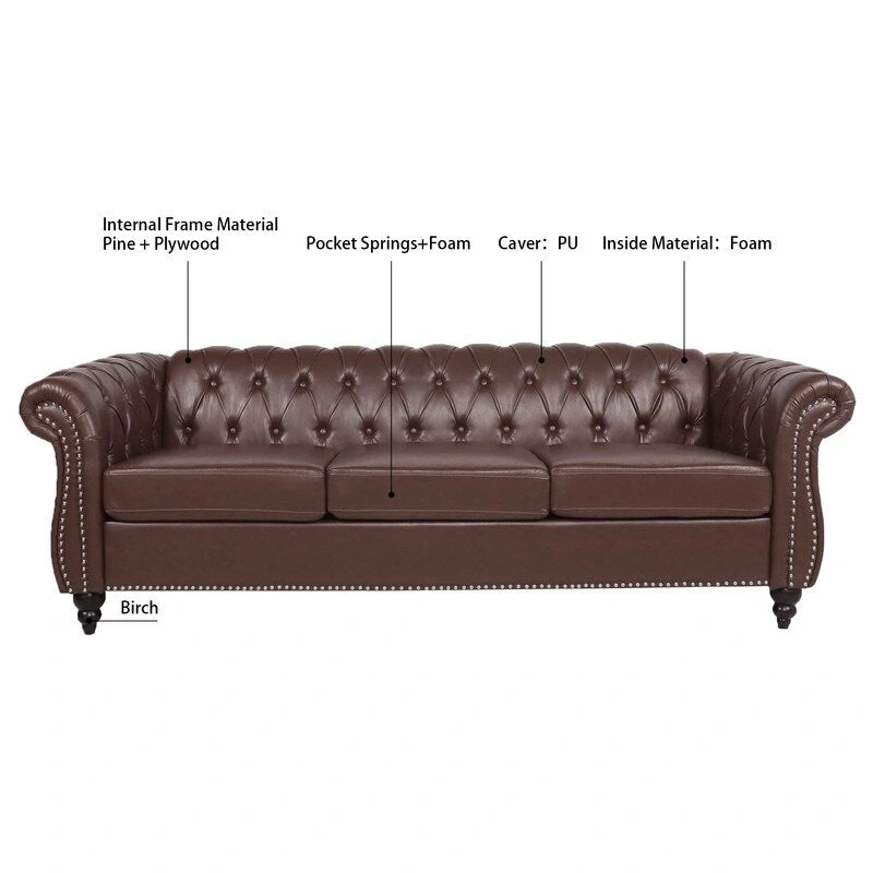 GEITIN 84.65 PU Rolled Arm Chesterfield 3 Seater Sofa