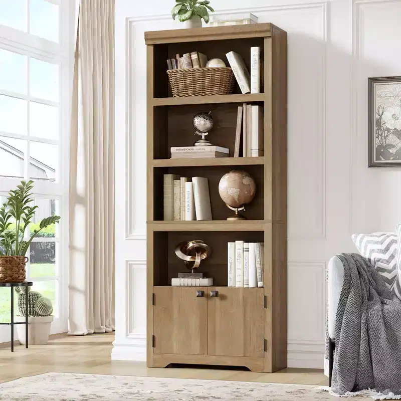 69 Tall 5-Tier Farmhouse Bookshelf with 2 Doors & Adjustable Shelves, Open Storage Bookcase for Home Office, Living Room & Study