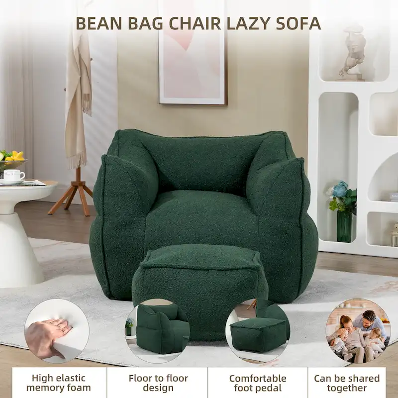 Boucle Upholstered Deep Seat Armless Square Bean Bag Chair with Ottoman