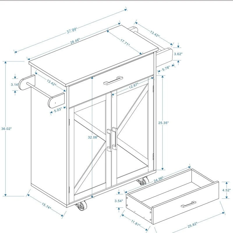 Kitchen Island Rolling Trolley Cart with Adjustable Shelves & Rubber Wood table top
