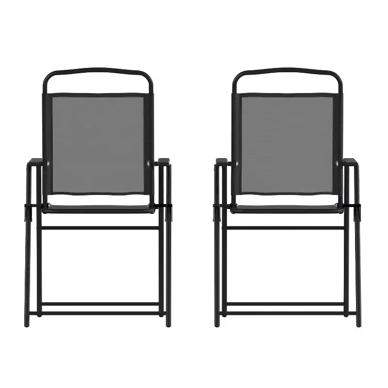 Emma and Oliver Set of 2 Textilene Folding Sling Style Patio Chairs with Armrests