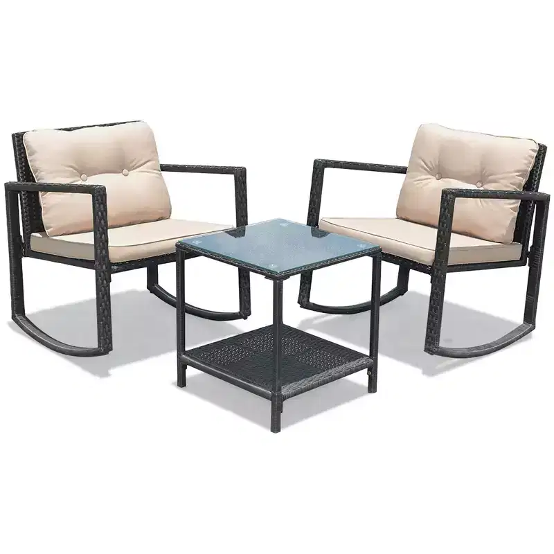 Costway 3-Piece Patio Wicker Bistro Furniture Set w/ 2 Rocking Chairs, Glass Side Table, Cushions Red/Beige