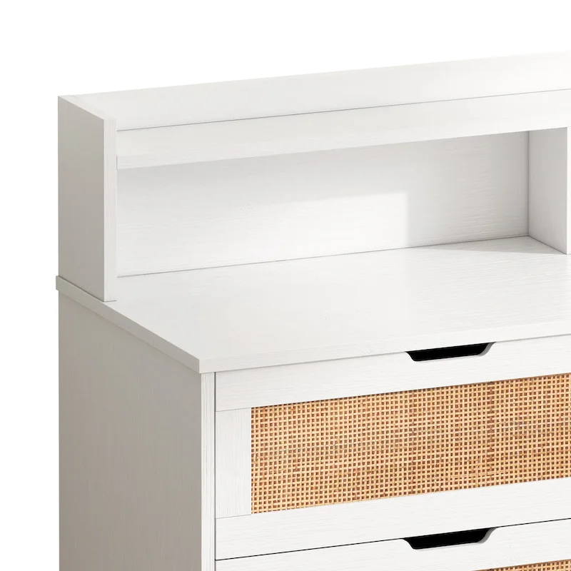 6-Drawers Rattan Accent Cabinet with LED Lights and Power Outlet, White