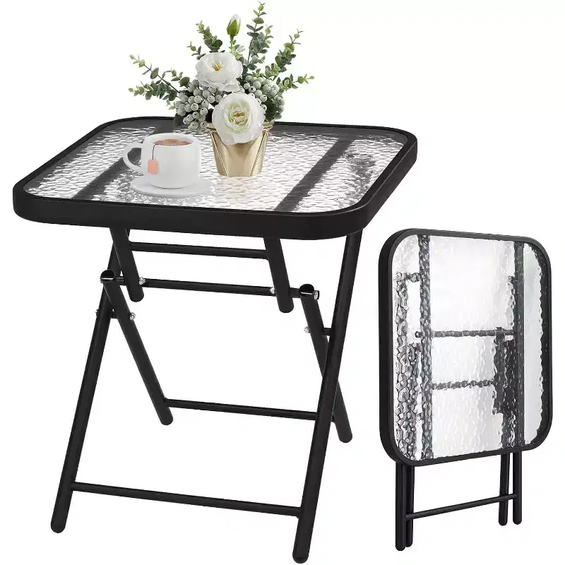 VINGLI Folding Glass Outdoor Side Table, 18 Inches Small Foldable Patio Bistro Table with Tempered Glass Table Top,Rectangular