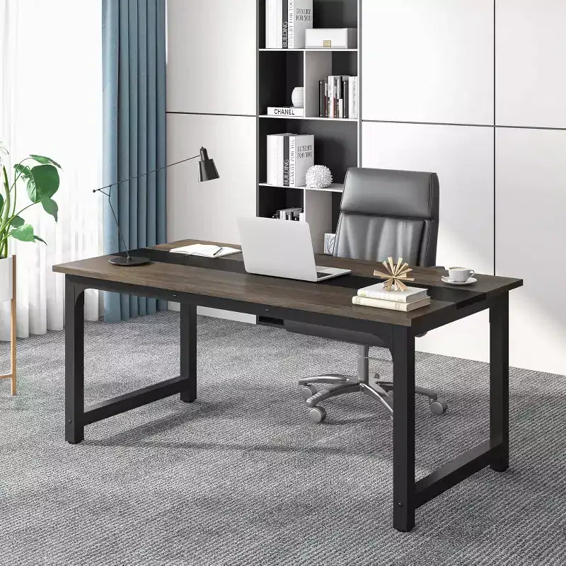 Lantine 63-Inch Executive Desk, Large Office Computer Desk with Thick Frame, Modern Workstation for Home Office, Vintage Grey/Black