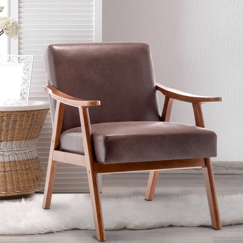 Dark Brown Mid-Century Modern Accent Chair with Rubber Wood Frame – 1-Seater