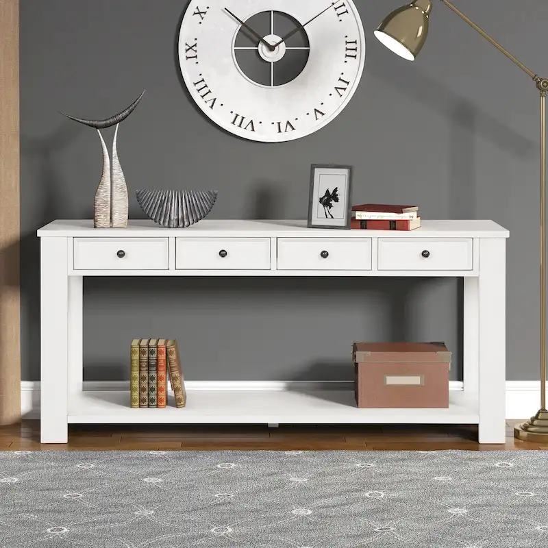 63 Pine Wood Console Table with 4 Drawers and 1 Bottom Shelf