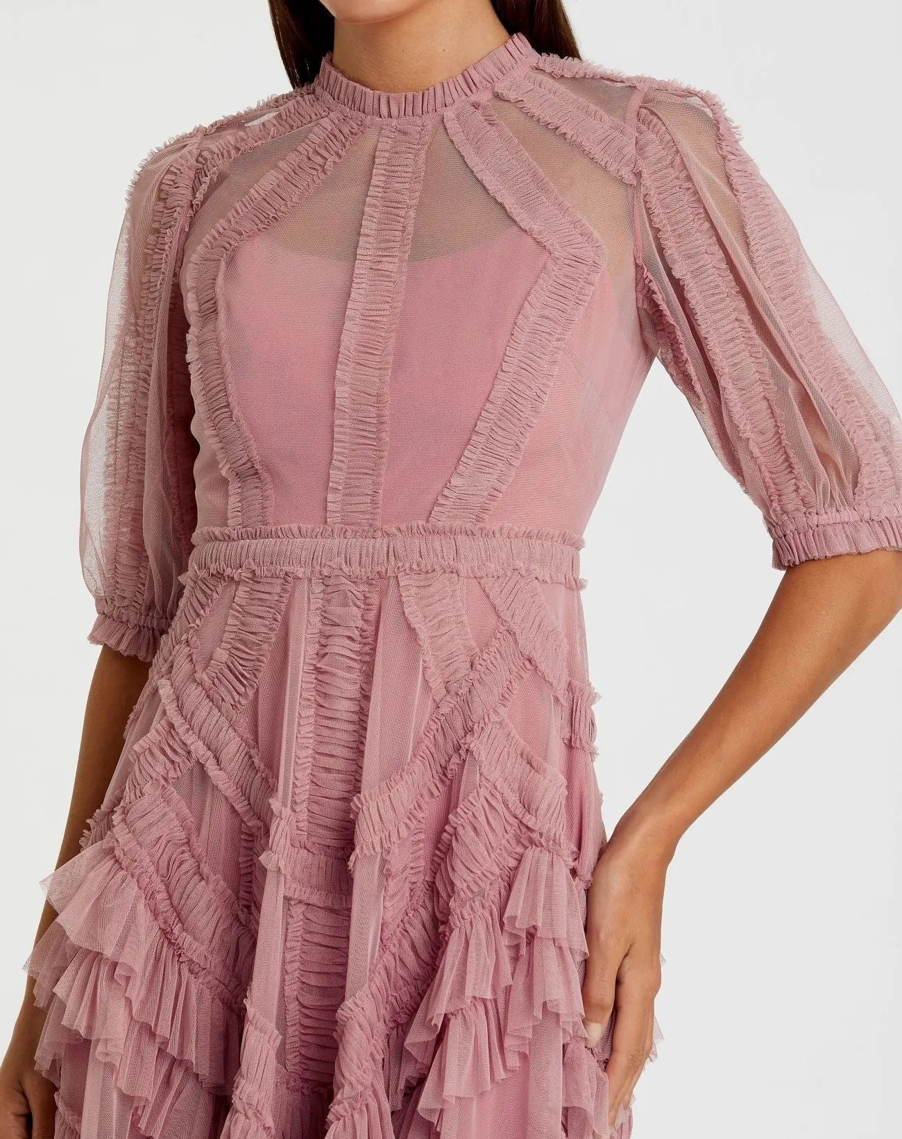Pink High Neck Ruffle Tiered A-Line Midi Dress