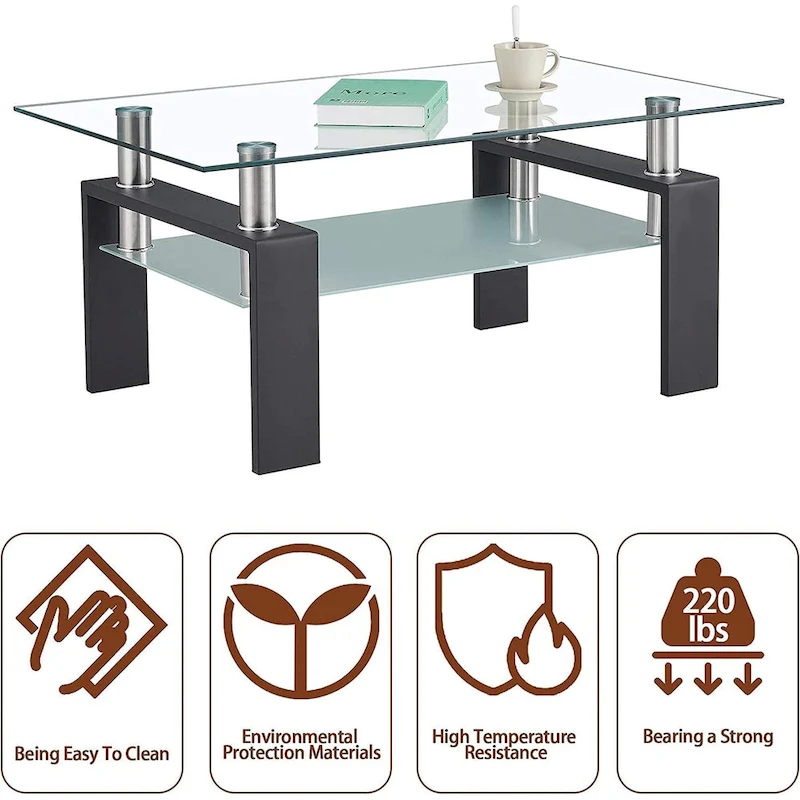 Rectangle Coffee Table Glass Tabletop with Lower Shelf