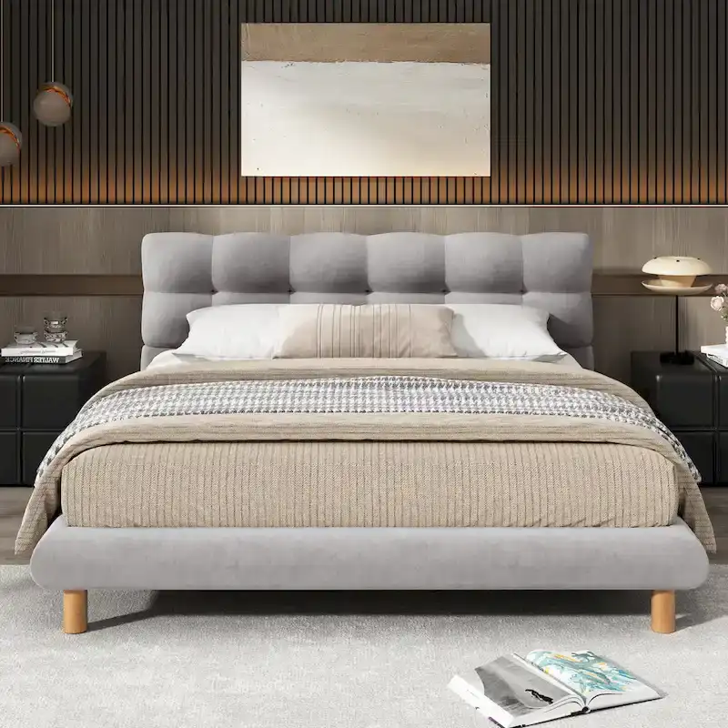 Grey Chenille Upholstered Platform Bed with Cookie Headboard, Full/Queen/King