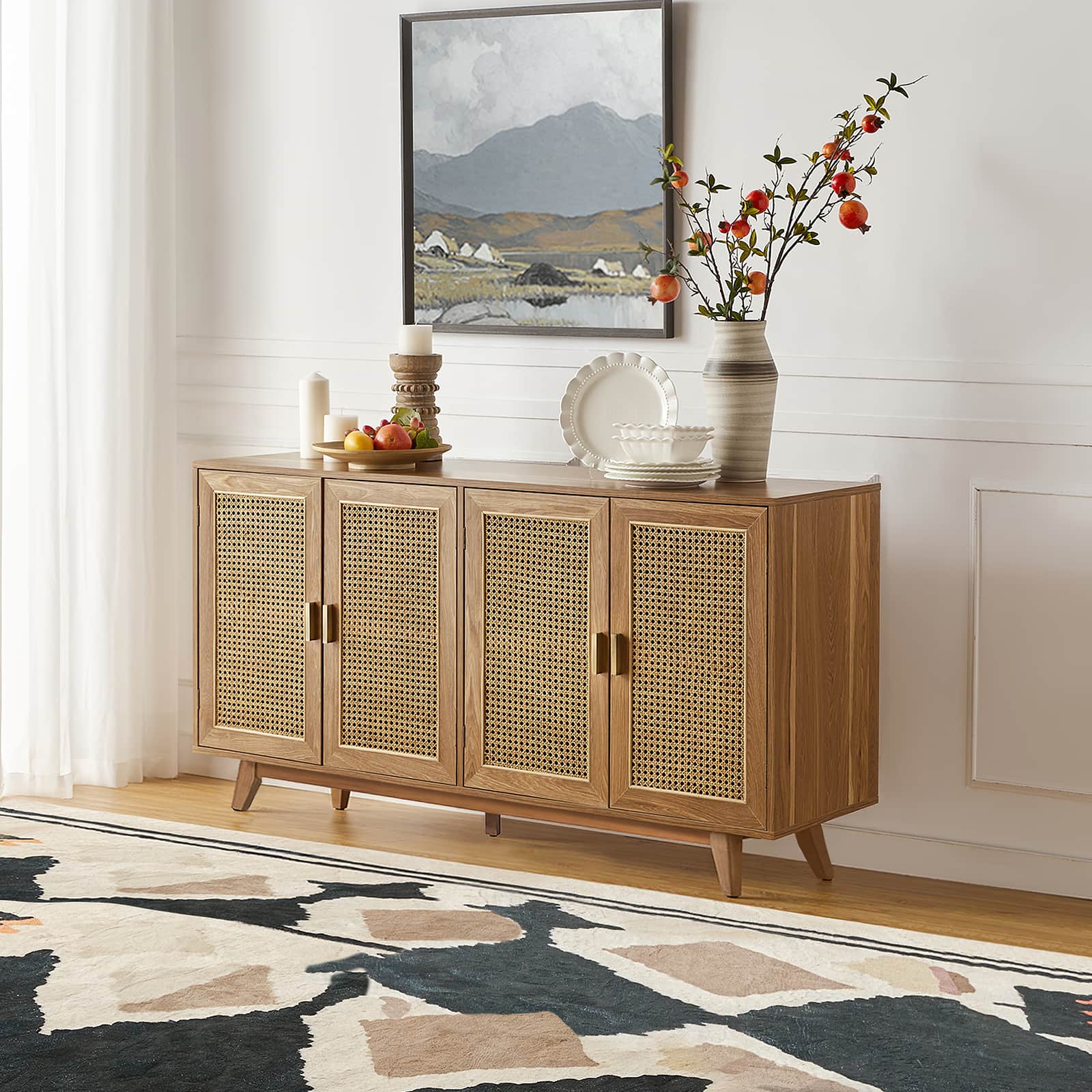 65 in TV Stand with 4 Rattan-Door Cabinets, 2 Interior Shelves & Solid Wood Legs | Walnut / Black / Acorn | Single
