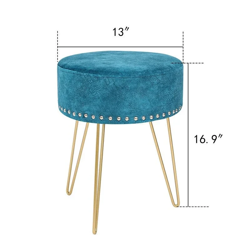 Adeco Round Footstool Ottoman Velvet Dressing Stool Gold Metal Legs