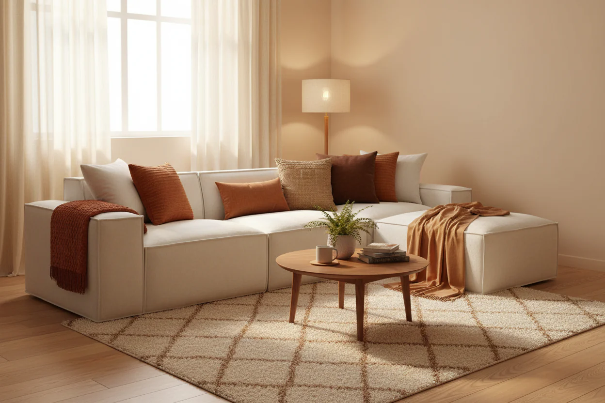 Chenille Basketweave Modular Sectional Sofa - Cream/Charcoal/Taupe - 4-6 Seater