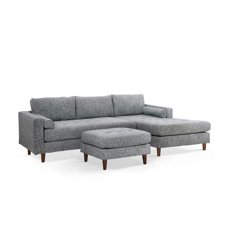 Ryle 104 Inch Sectional Sofa with Chaise and Ottoman, 2 Pillows, Gray Woven