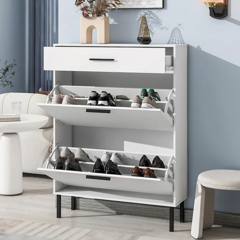 Freestanding Shoe Cabinet with Drawers, Metal Legs, and Flip Drawers