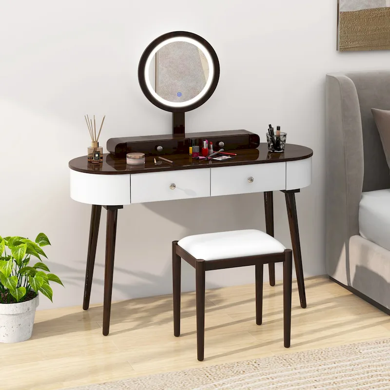Solid Wood Makeup Vanity Desk Set with LED Lighted Mirror