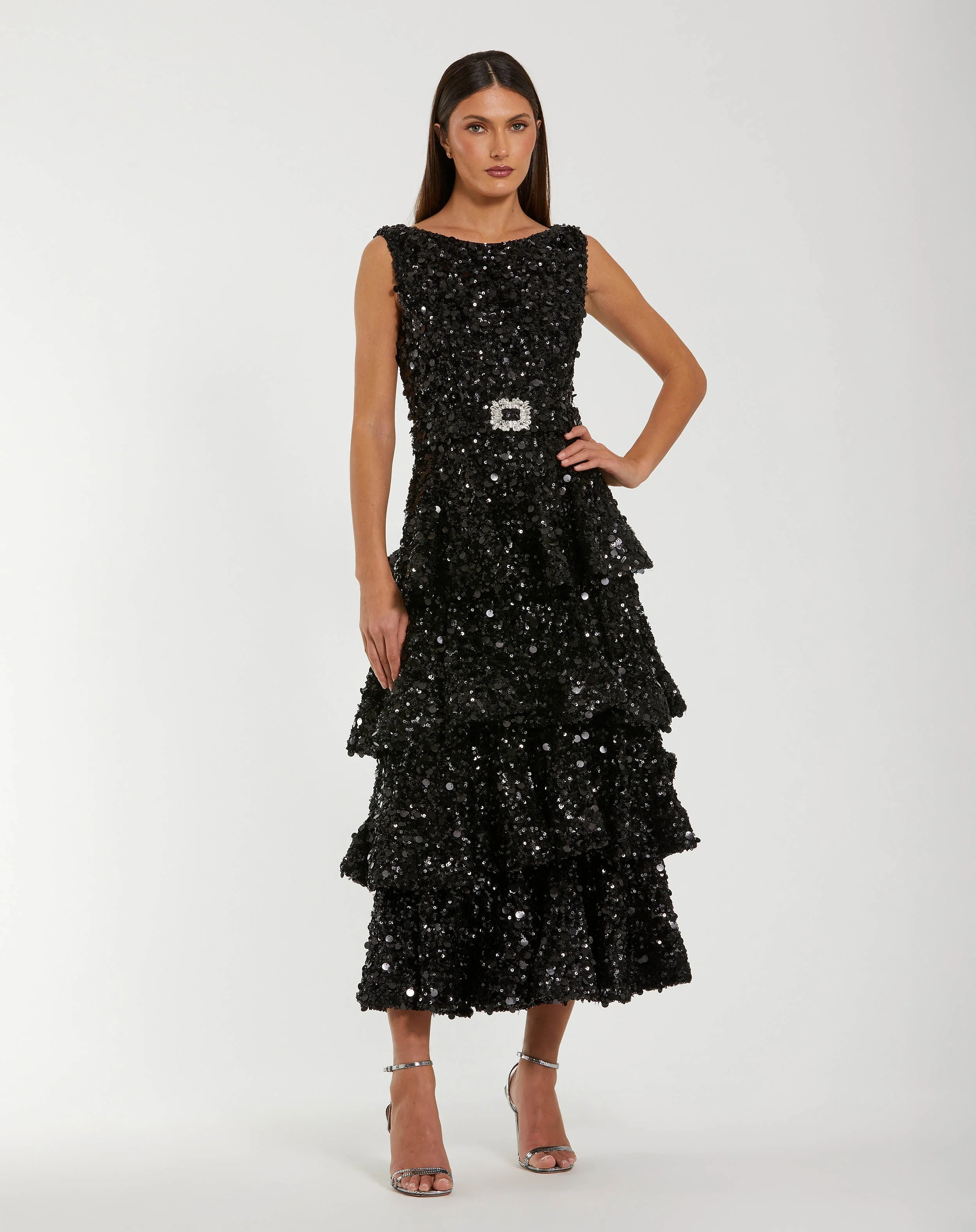 Black Sleeveless Sequin Ruffle Midi Dress With Belt