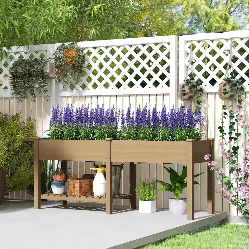 Outsunny Raised Garden Bed, Wood Elevated Planter Box with Side Table, Bottom Shelf, Bed Liners and Drainage Holes