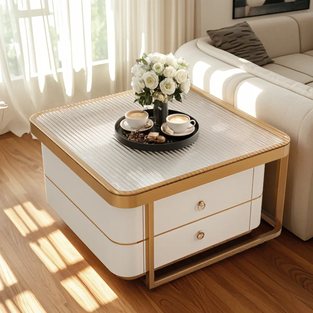 Modern Rectangular Marble Coffee Table Set with Drawers