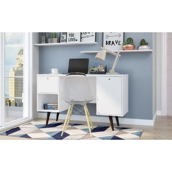 Brown/White 1-Drawer Mid-Century Office Desk, 1 Person
