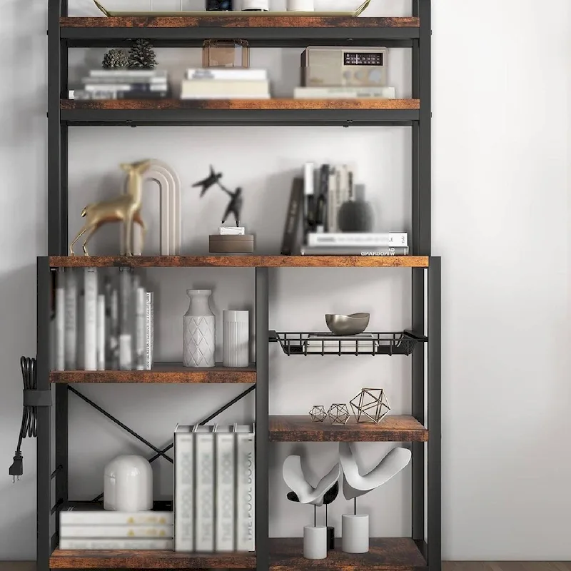 Kitchen Bakers Rack with Power Outlet, Wire Basket