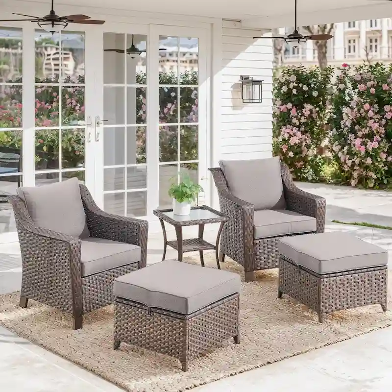 Outdoor Chair and Ottoman Set with Cofee Table - Brown