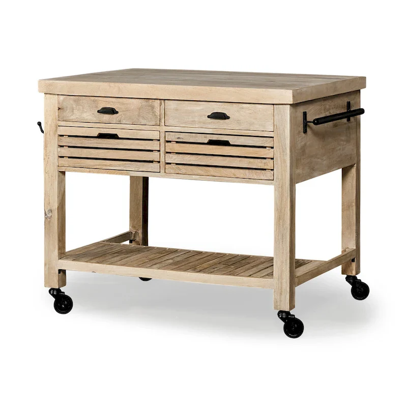 Brown Mango Wood Portable Rolling Kitchen Island with Black Iron Hardware & 4 Drawers – Single